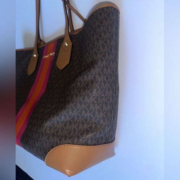 Michael Kors Eva Large Signature Logo Orange & Pink Stripe Tote Bag w/clutch - Picture 12 of 13
